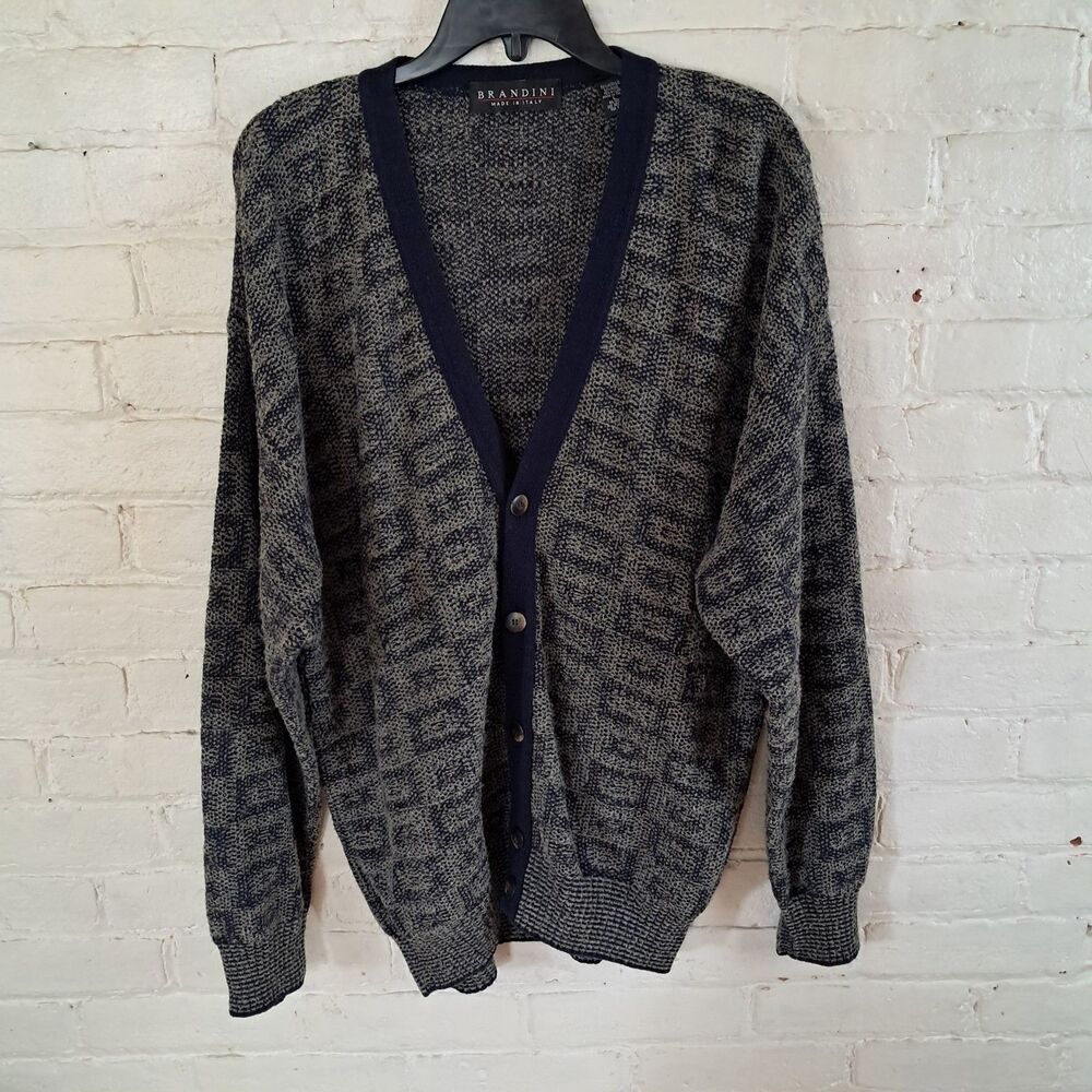 Brandini Mens L Wool Blend Vintage Grandpa Cardigan Geometric Navy Grey